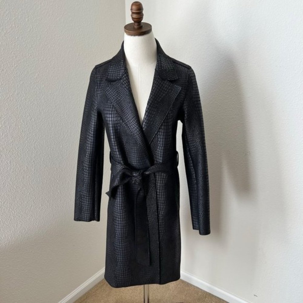 Love Token Trench Coat Women Black XS Olga‎ Croc Pockets Waist Tie EUC